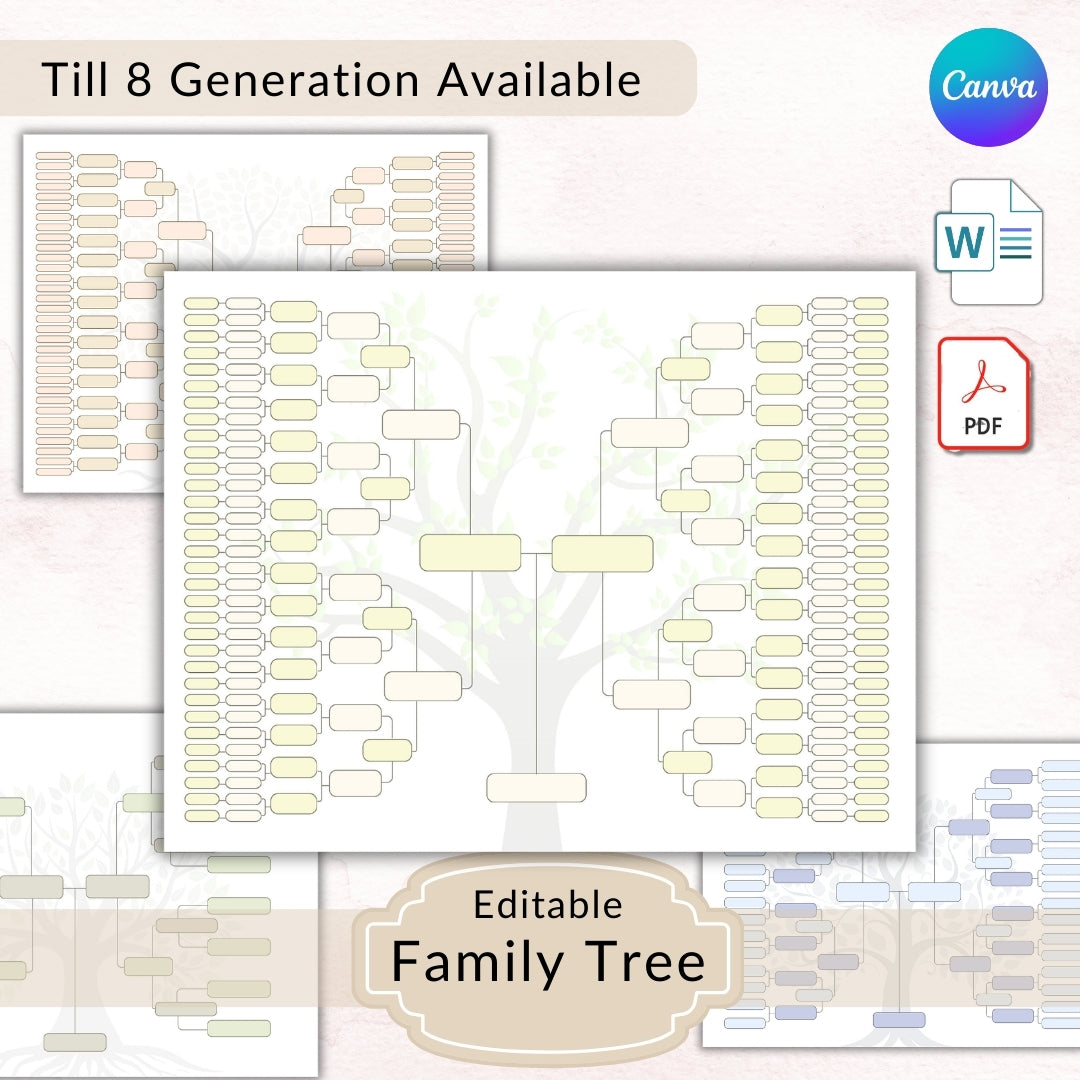 Family tree template with Canva logo and file format icons on a light background