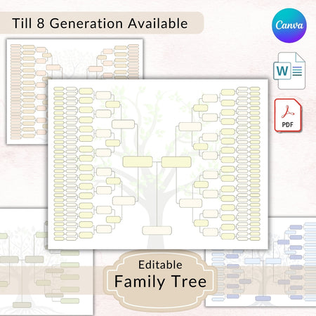 Family tree template with Canva logo and file format icons on a light background