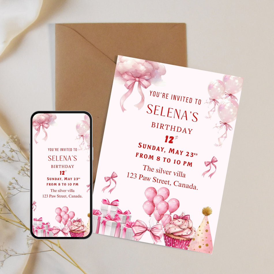 Editable Girly Birthday Invitation Template, Girls Birthday Party Invite, Canva Invitation, Kids Birthday Invite, Printable Digital Card A 1114
