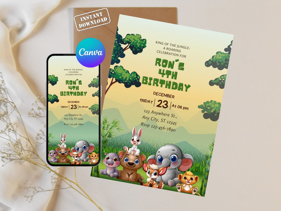 Editable Jungle Birthday Invitation Canva, Kids Safari Birthday Invite, Animal Party Invitation, Boy Birthday Template, Instant Download A 1248