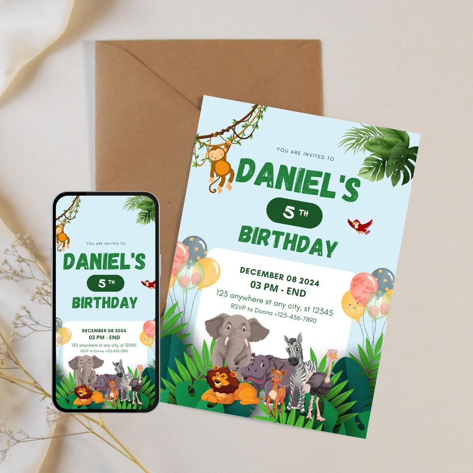 Editable Jungle Safari Birthday Invitation Canva Template, Kids Animal Party Invite, Green Wild One Birthday Invite Digital Download A1174