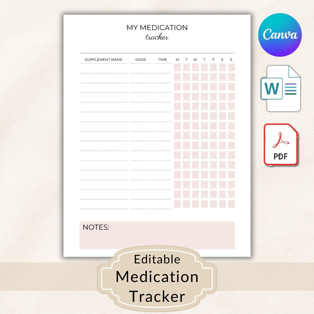 Medication tracker sheet with Canva logo and file format icons on a light background