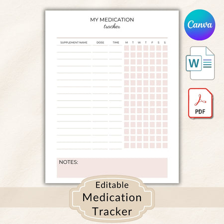 Medication tracker sheet with Canva logo and file format icons on a light background