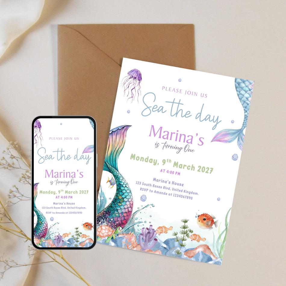 Editable Mermaid Birthday Invitation Template, Sea Themed Birthday Card, Under the Sea PartyInvite, Mermaid Canva Template, Instant Download A 1103