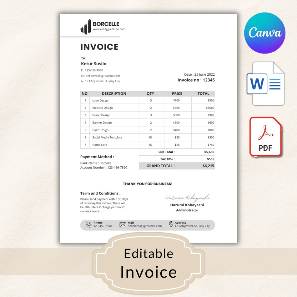Editable Professional Invoice Template | Customizable A4 & US Letter Size | Instant Download | Word, PDF, and Canva Files Included A 1398