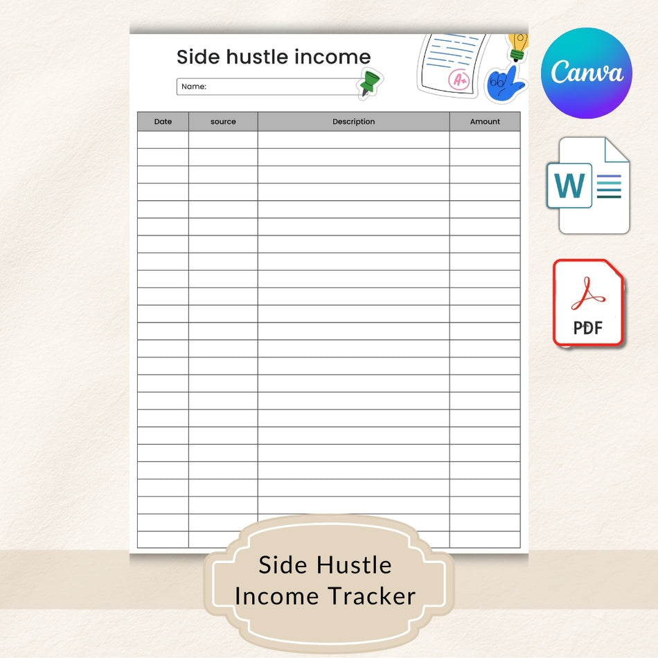 Editable Side Hustle Income Tracker Printable PDF Track Your Income / Expenses Budget Planner Side Business Monthly Tracker A4 Letter Size 1084