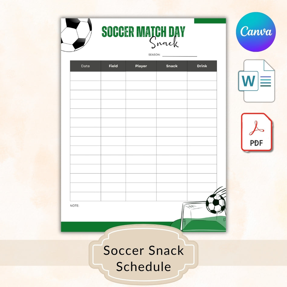 Editable Soccer Snack Schedule Template Canva Editable, Team Snack Sign Up Sheet, Game Day Planner Printable, Sports Team Organizer PDF A1276
