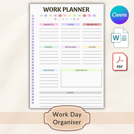 Work planner with various sections on a light beige background, featuring the Canva logo.