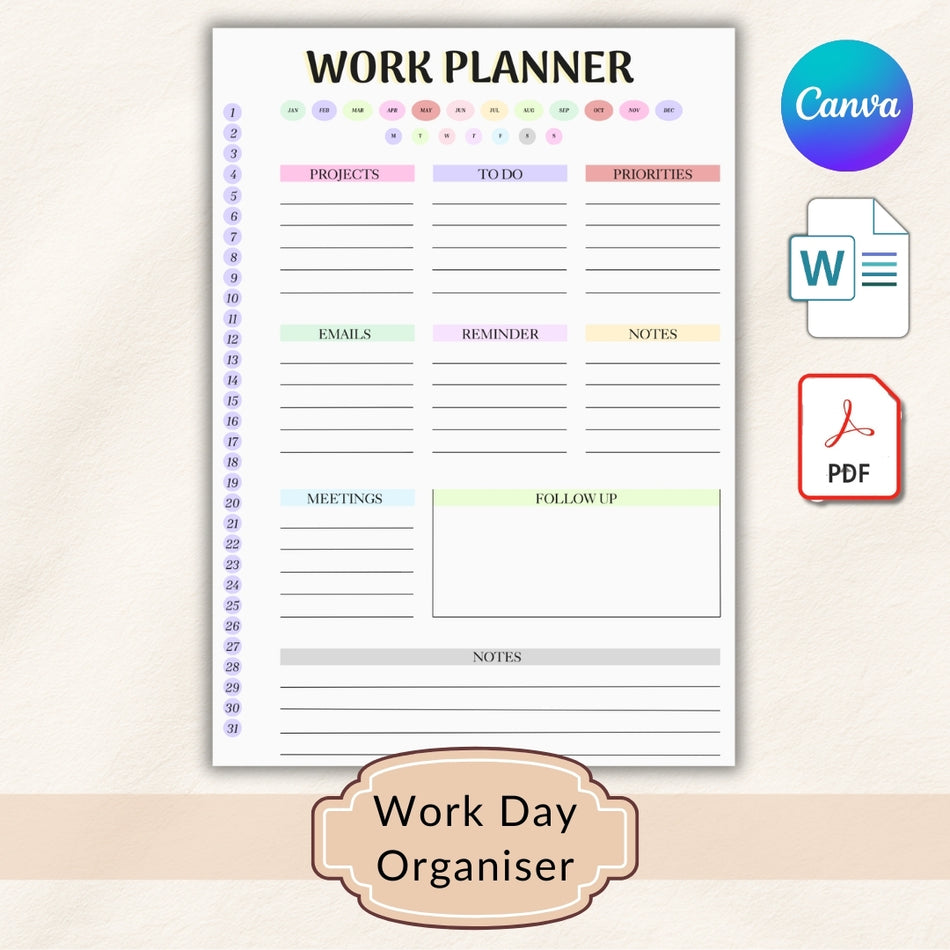 Work planner with various sections on a light beige background, featuring the Canva logo.