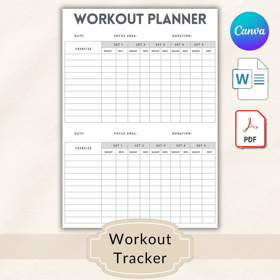 Workout Planner Template Editable, Gym Workout Tracker Printable, Fitness Log Sheet Canva Word PDF A4 US Letter A 1066