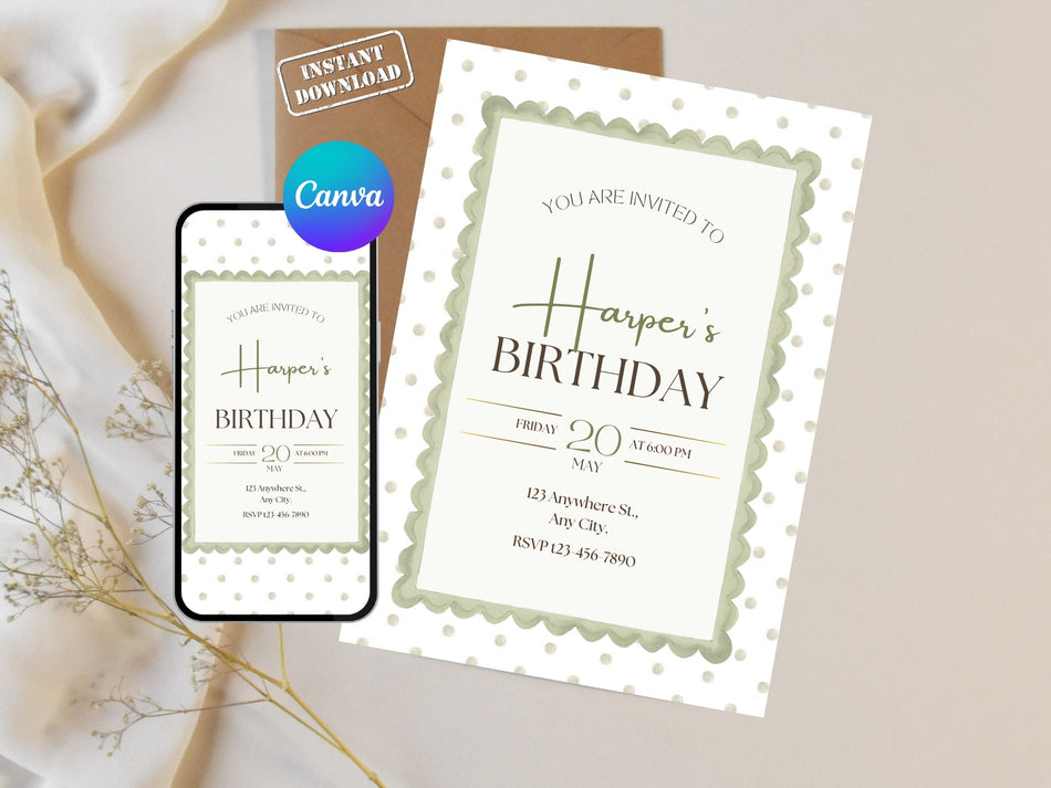 Elegant Birthday Invitation - Digital Invitation, Editable Template, Polka Dot Design, Instant Download, Girl's Birthday Invite A 1336