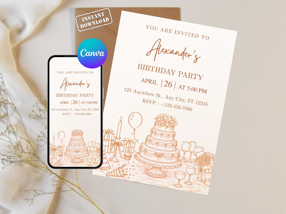 Elegant Birthday Invitation, Classic Cake and Balloons Design, Editable Invitation, Birthday Party Invitation, Digital Download A 1345