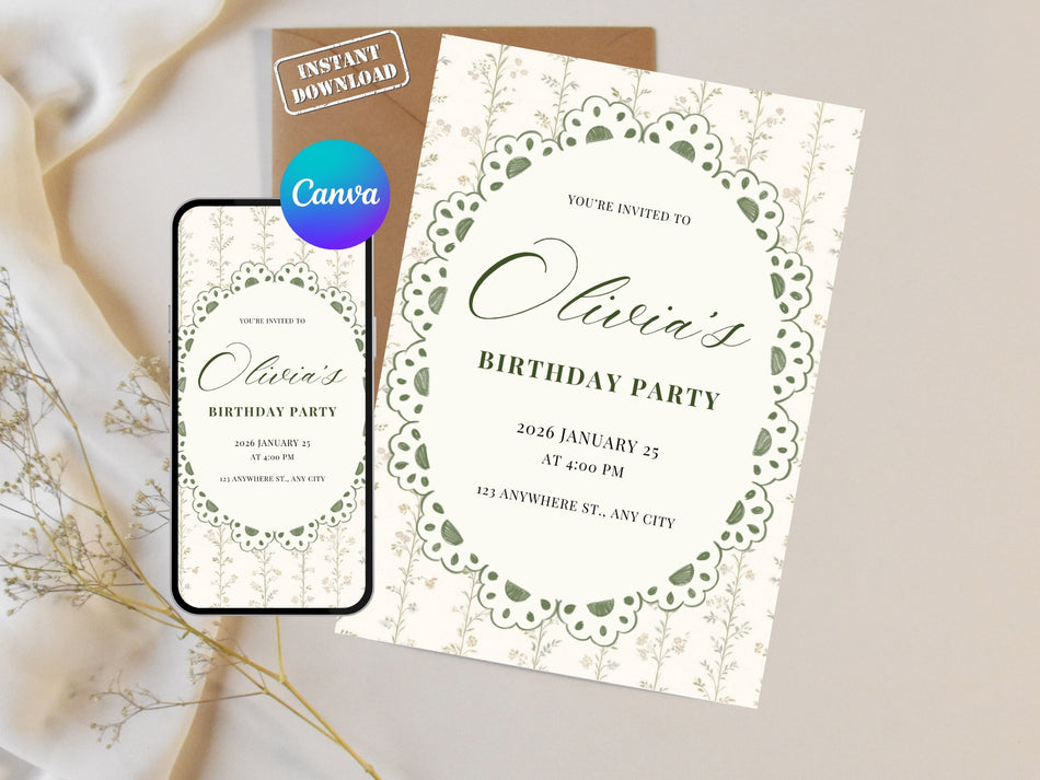 Elegant Birthday Party Invitation, Green Floral Birthday Invite, Digital Download Party Card, Printable Birthday Template, Instant Download A 1372
