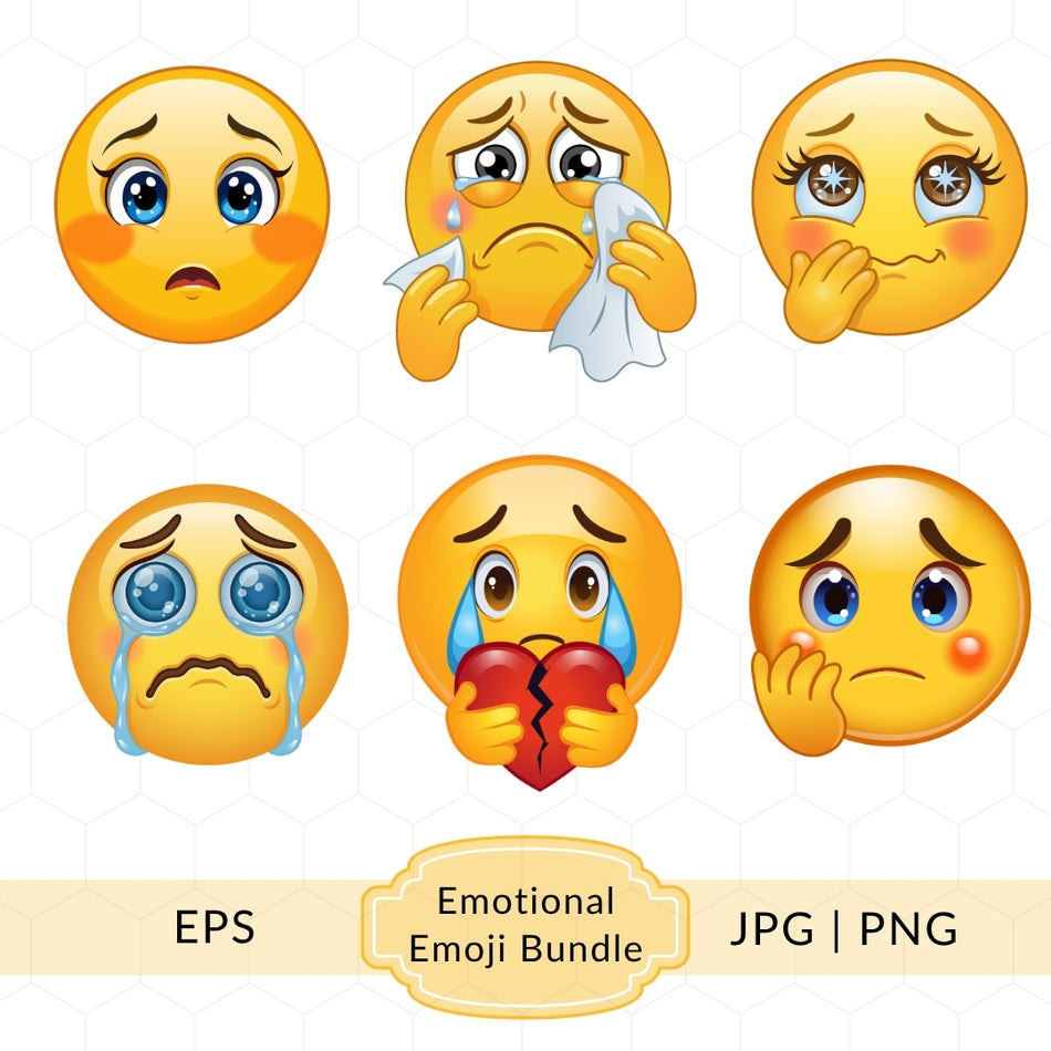 Sad Emoji Clipart Bundle, Crying Smiley PNG Set, Cute Emotional Faces Pack, Broken Heart Expression Graphics, Feelings Icons EPS JPG A 1399
