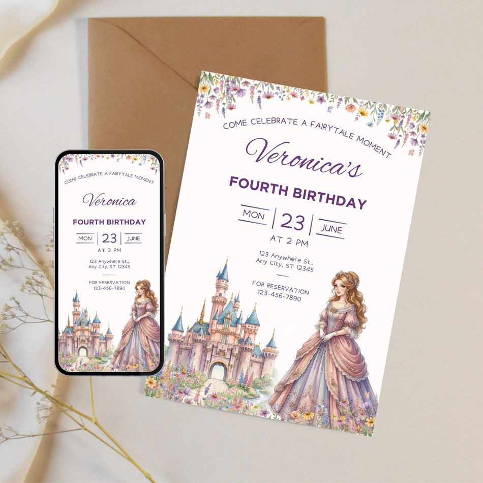 Fairytale Princess Birthday Invitation, Magical Castle Invite, 4th Birthday Party, Unicorn Theme, Digital Download, Editable Invitation A 1200