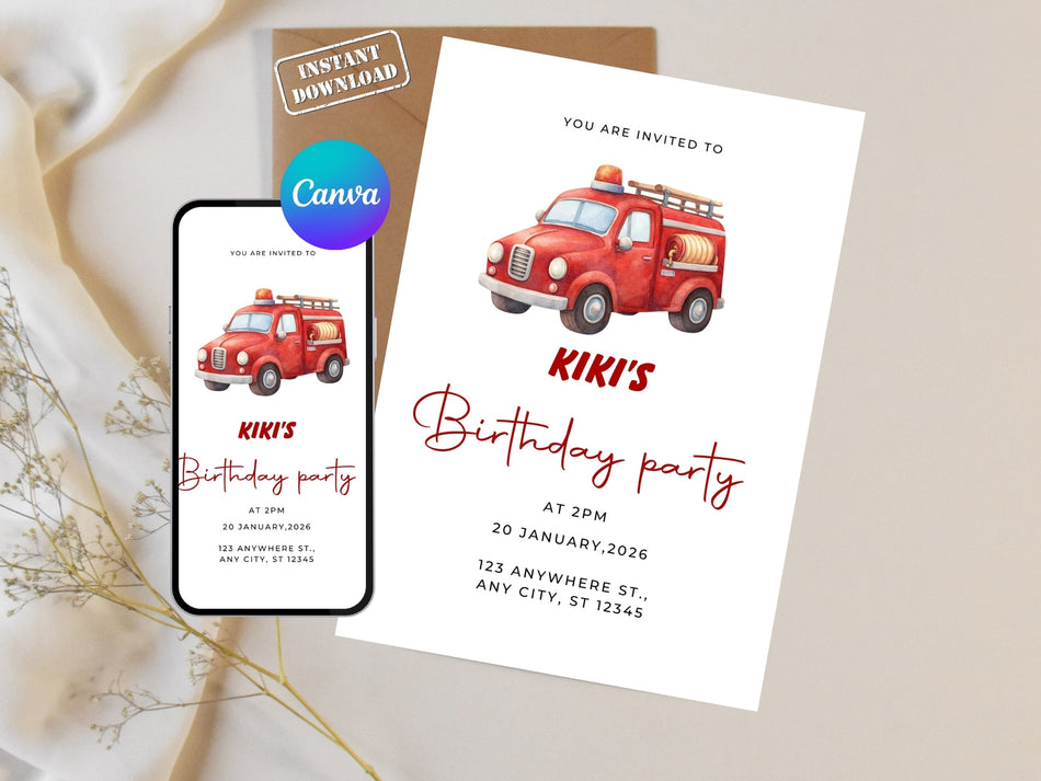 Fire Truck Birthday Invitation, Kids Birthday Party Invite, Fireman Theme, Printable Invite, Instant Download, Editable Party Invitation A 1377