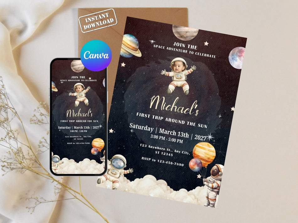 First Trip Around the Sun Invitation Canva Template, Space Birthday Invite, Astronaut 1st Birthday Invite, Galaxy Party Editable A 1221