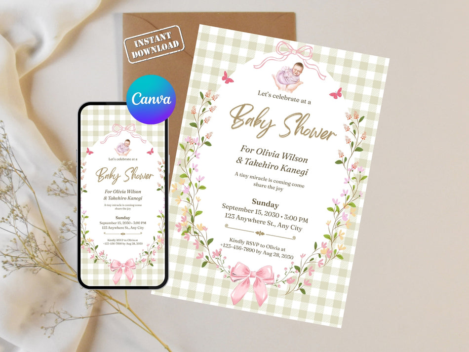 Floral Baby Shower Invitation Template, Editable Canva Invite, Vintage Baby Shower Card, Printable Baby Shower Invite, Instant Download A1428