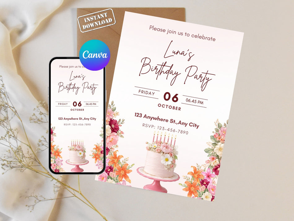 Floral Birthday Invitation Template Canva Editable, Elegant Cake Party Invite, Girl Birthday Invitation Printable, Instant Download A 1354