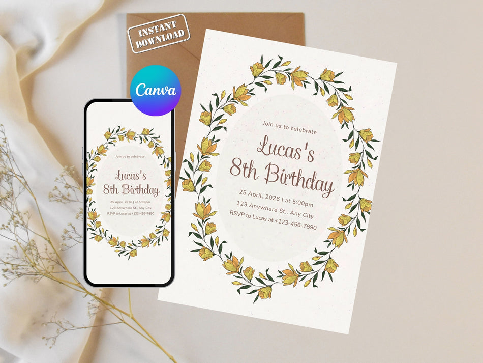 Floral Birthday Invitation Template, Editable Kids Birthday Invite Canva, Yellow Flower Wreath Party Invite, Printable Birthday Card A 1359