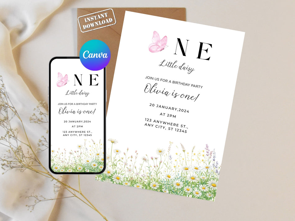 Floral Birthday Invitation, Year Old Party Invite, Butterfly Themed Invitation, Canva Editable Template, Instant Download A 1369