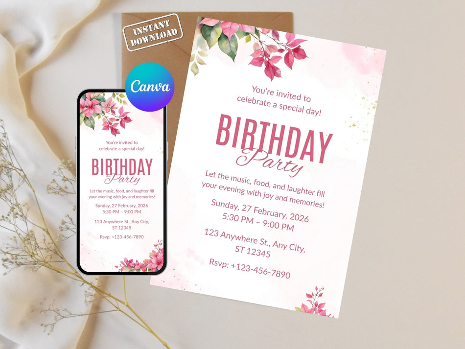 Floral Birthday Party Invitation, Digital Download Birthday Card, Printable Birthday Invitation Template, Instant Download A 1373