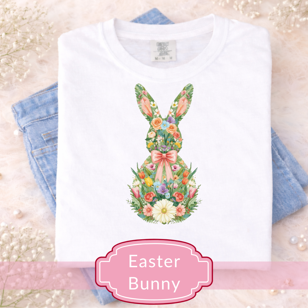 White t-shirt with floral Easter bunny design on a light background