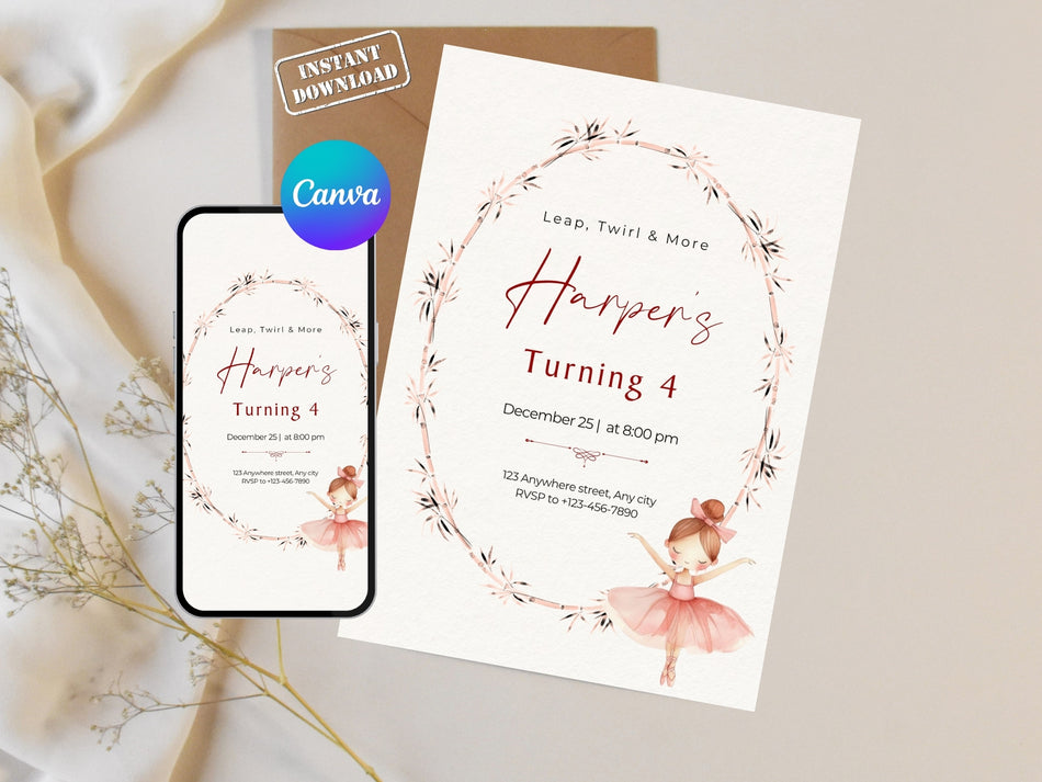 Birthday Invitation - Digital Invitation, Girl’s 4th Birthday, Editable Template, Instant Download, Party Invite A 1337