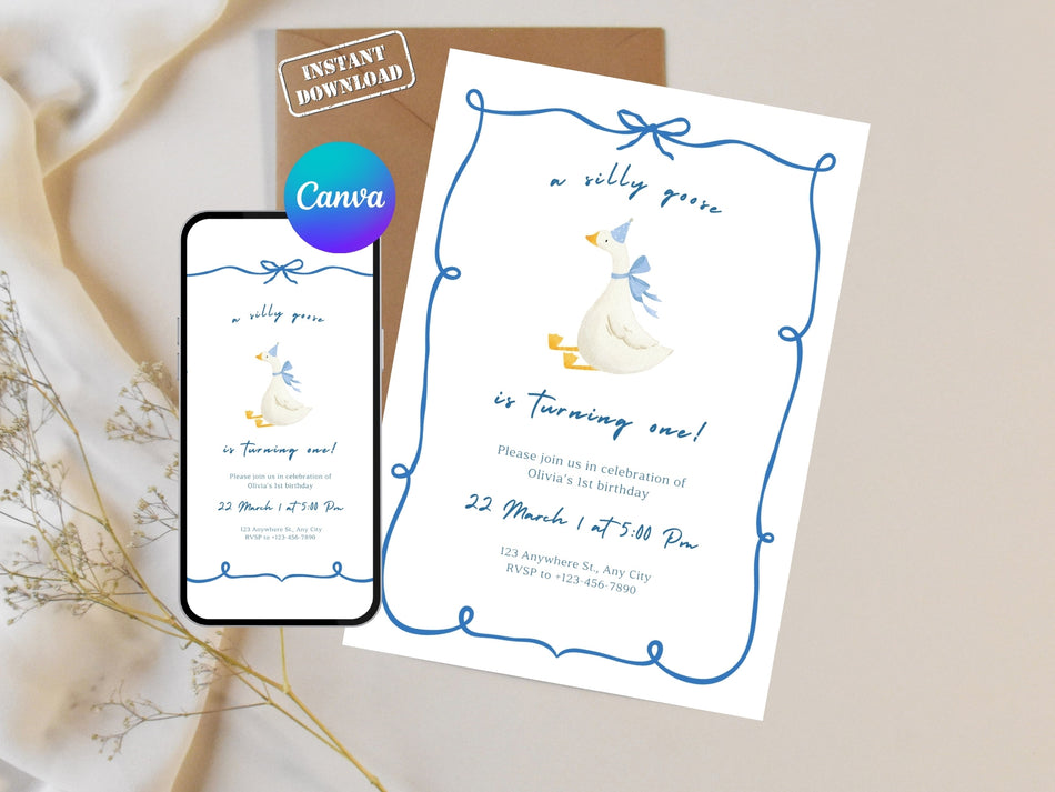 Goose First Birthday Invitation Template, Silly Goose Party Invite, Editable Birthday Invitation, Minimal Blue Baby Invite, Canva Template A 1383