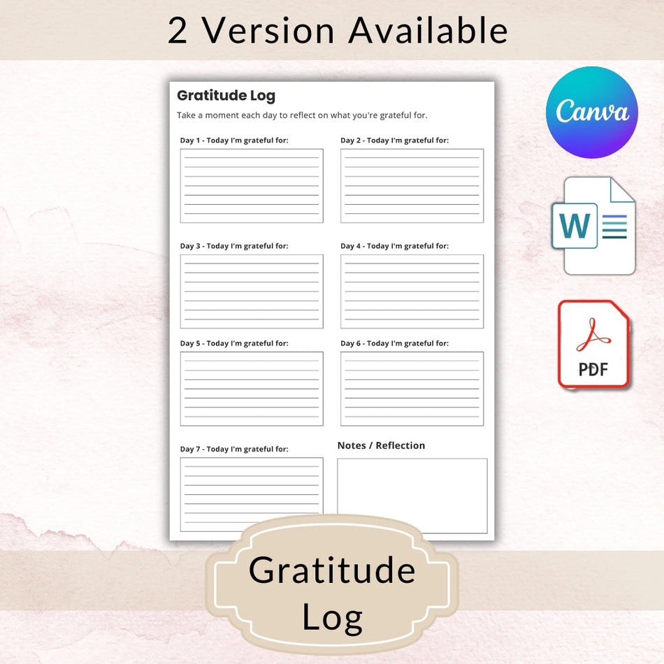 Gratitude Log Printable PDF & DOC, Daily Gratitude Journal Template, Weekly Reflection Planner, A4 & US Letter, Mental Health Tracker A 1060