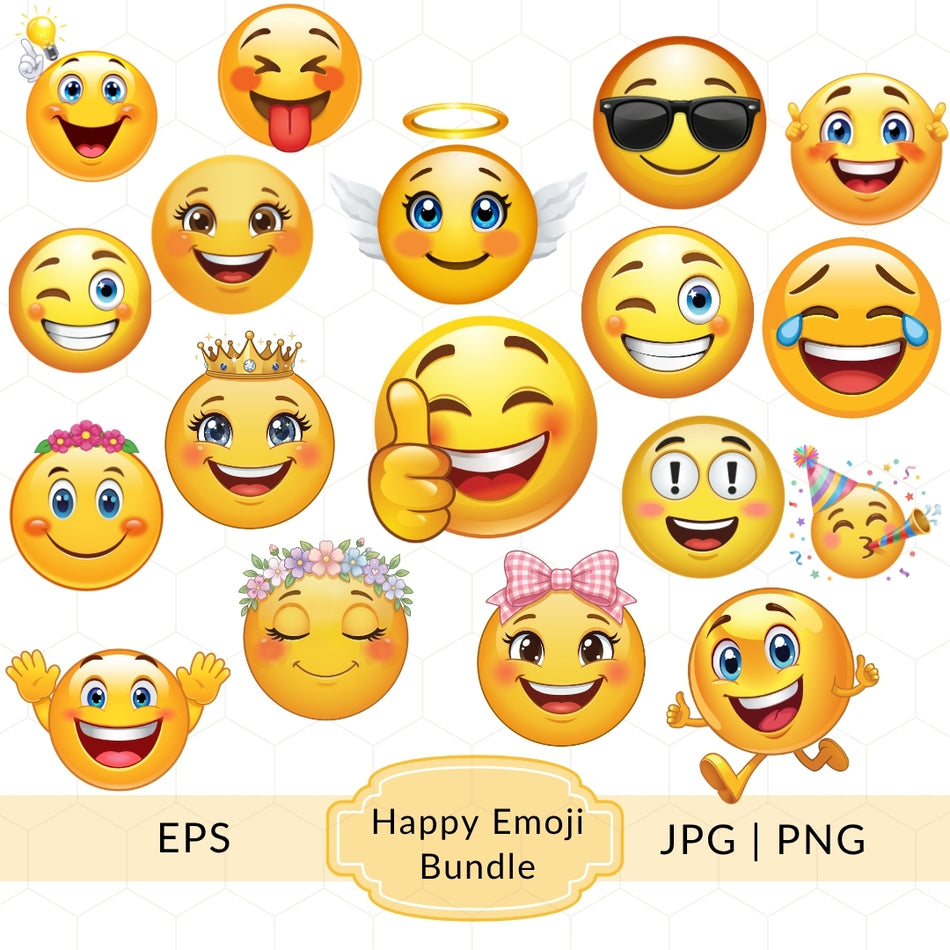 Happy Emoji Bundle, Fun & Cheerful Emojis, Instant Download, JPG PNG EPS, Perfect for Messaging and Digital Projects A 1402