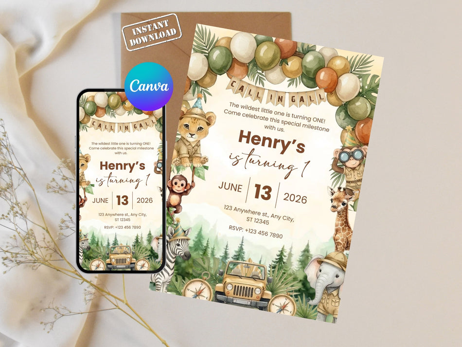 Henry’s 1st Birthday Invitation | Safari Jungle Theme | Editable Canva Invitation | Instant Download | Kids Birthday Party A 1250