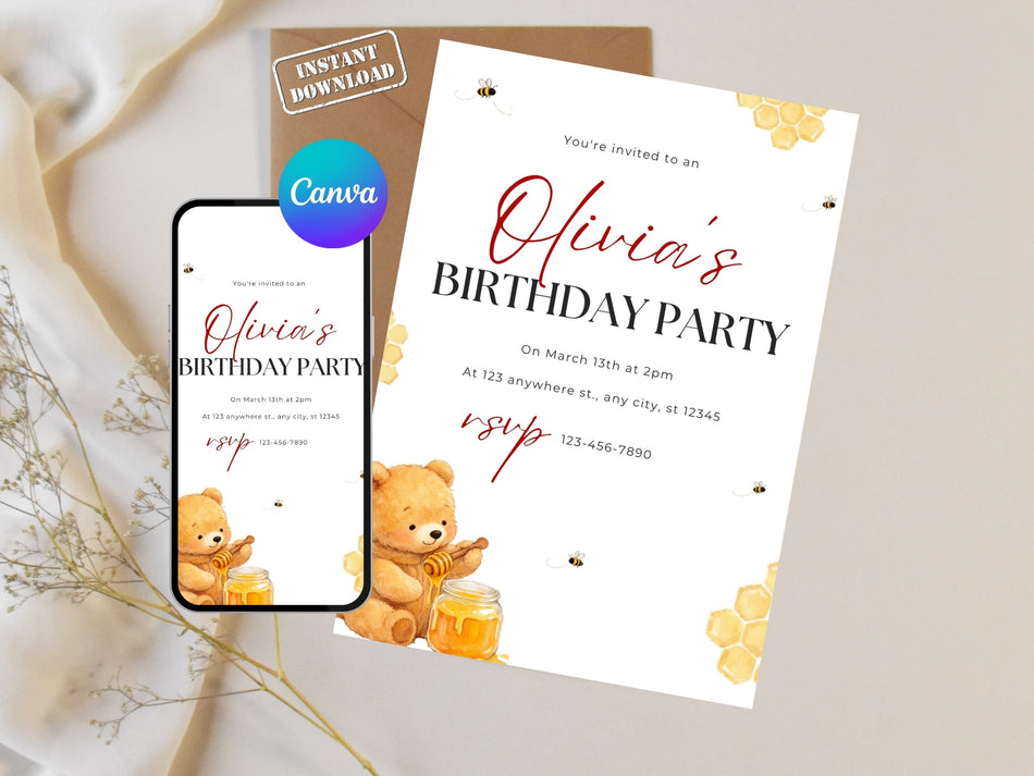 Honey Bear Birthday Invitation, Kids Birthday Invite, Printable Birthday Card, Instant Download, Kid's Party SVG, Cute Bear Invite A 1379