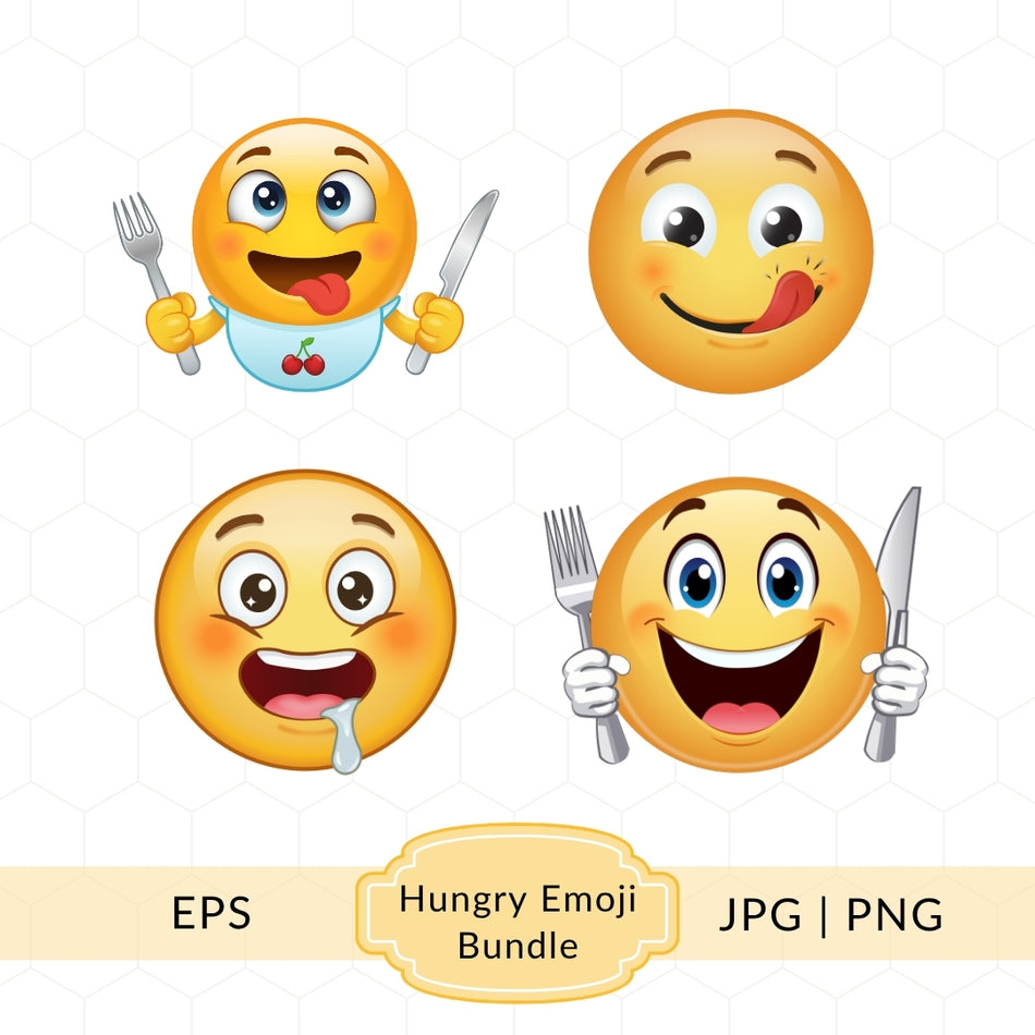 Hungry Emoji Clipart Bundle, Fun Food Emojis, Cute Cartoon Hungry Faces, EPS PNG JPG Files, Food & Cooking Graphics A 1395