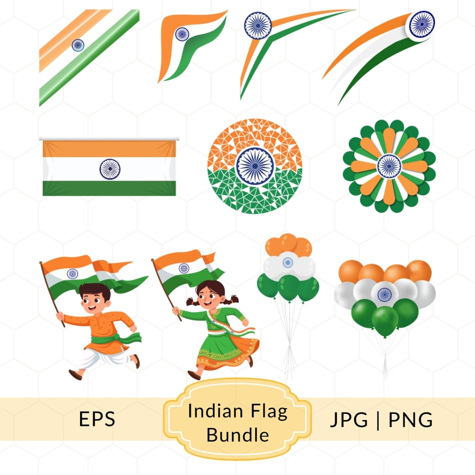Indian Flag Bundle, 12 Flag & Celebration Graphics, Instant Download, JPG PNG EPS, Perfect for Independence Day and Patriotic Designs A 1404