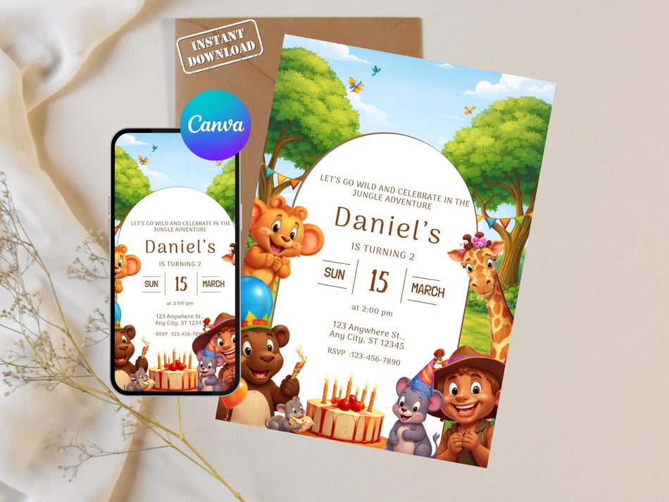 Jungle Birthday Invitation Canva Editable, 2nd Birthday Invite, Cute Animal Party Invitation, Safari Birthday Template, Instant Download A 1251
