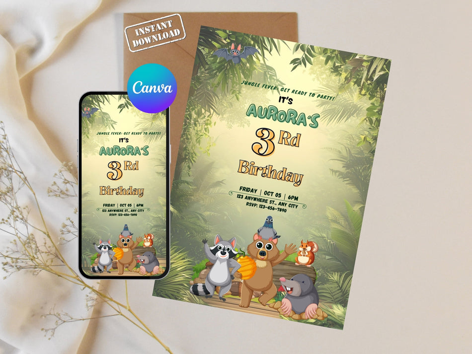 Jungle Birthday Invitation Canva Editable, 3rd Birthday Invite Girl, Animal Party Invitation, Kids Jungle Theme Invite, Instant Download A 1240