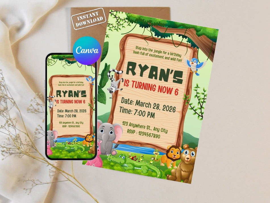 Jungle Birthday Invitation Canva Editable, Kids Safari Birthday Invite, Animal Party Invitation, Boy Birthday Template, Instant Download A 1241