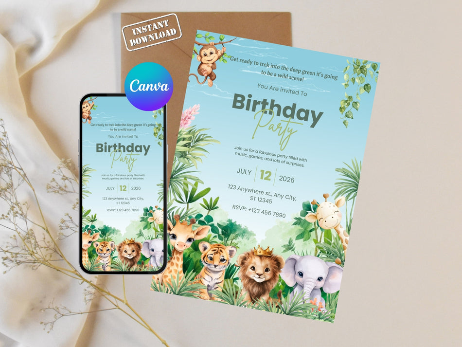 Jungle Safari Birthday Invitation, Animal Party Invite, Kids Safari Jungle Adventure, Editable Canva Template, Instant Download A 1236
