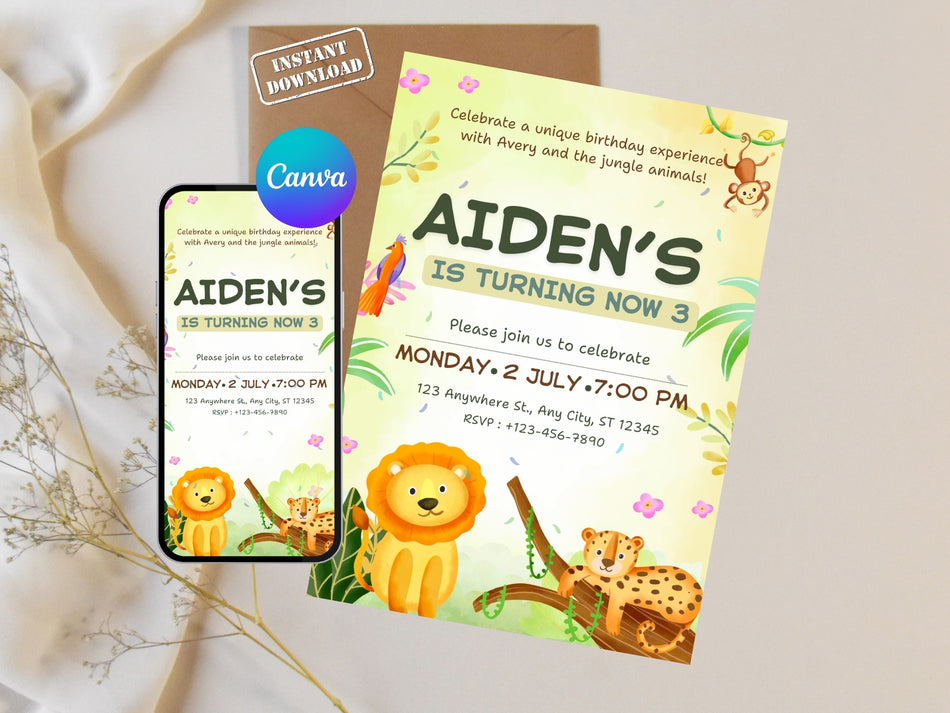 Jungle Safari Birthday Invitation Canva Editable, 3rd Birthday Invite, Animal Party Invitation, Kids Birthday Template, Instant Download A 1239