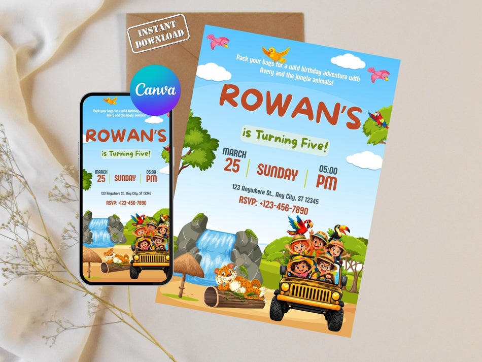 Jungle Safari Birthday Invitation, Kids Adventure Party Invite, Safari Jeep Theme, Instant Download, Editable Canva Template A 1235