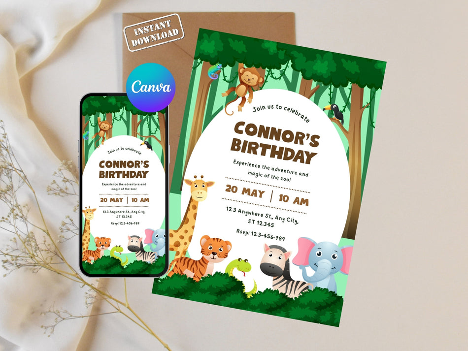 Jungle Safari Birthday Invitation, Kids Animal Adventure Party, Customizable Canva Template, Giraffe, Elephant, Monkey, Instant Download A 1247