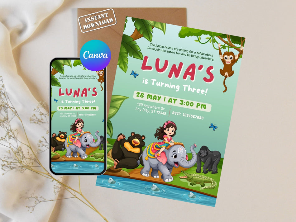 Jungle Safari Birthday Invitation, Kids Animal Party Invite, Elephant and Monkey Theme, Editable Canva Template, Instant Download A 1245