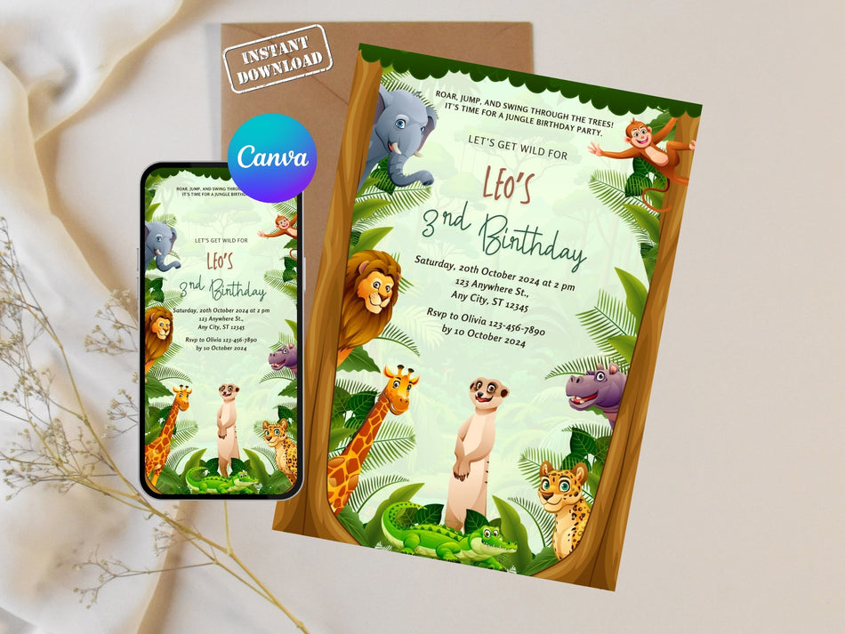 Jungle Safari Birthday Invitation, Kids Animal Party Invite, Lion and Elephant Theme, Editable Canva Template, Instant Download A 1246