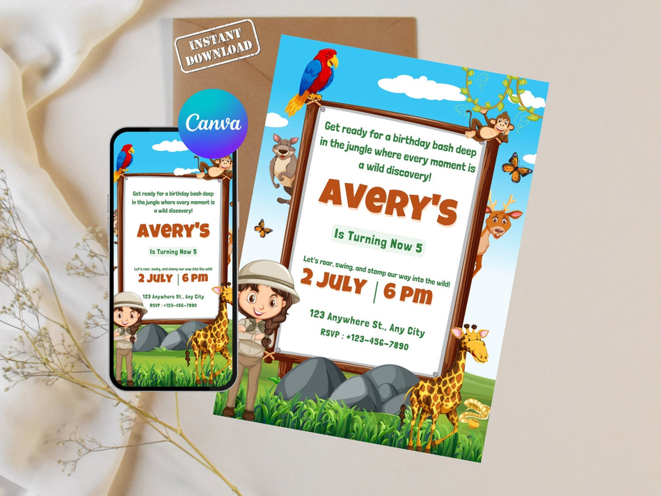 Jungle Safari Birthday Invitation, Wild Animal Party Invite, Kids Jungle Themed Party, Instant Download, Editable Canva Template A 1234