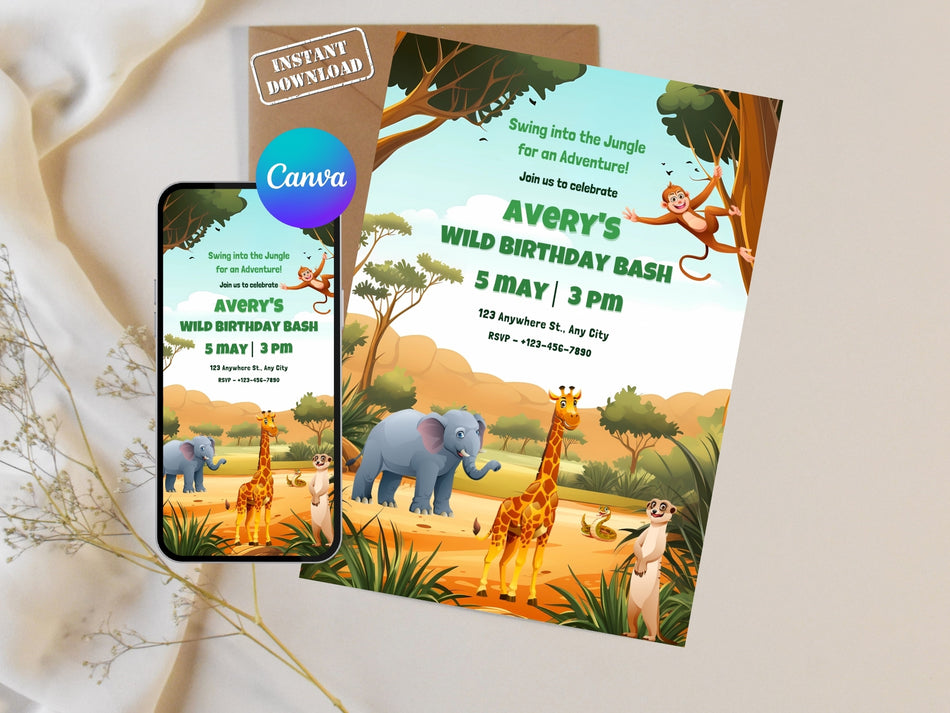 Jungle Safari Birthday Invitation, Wild Party Invite, Kids Adventure Theme, Editable Canva Template, Instant Download, Wild Birthday Bash A 1243