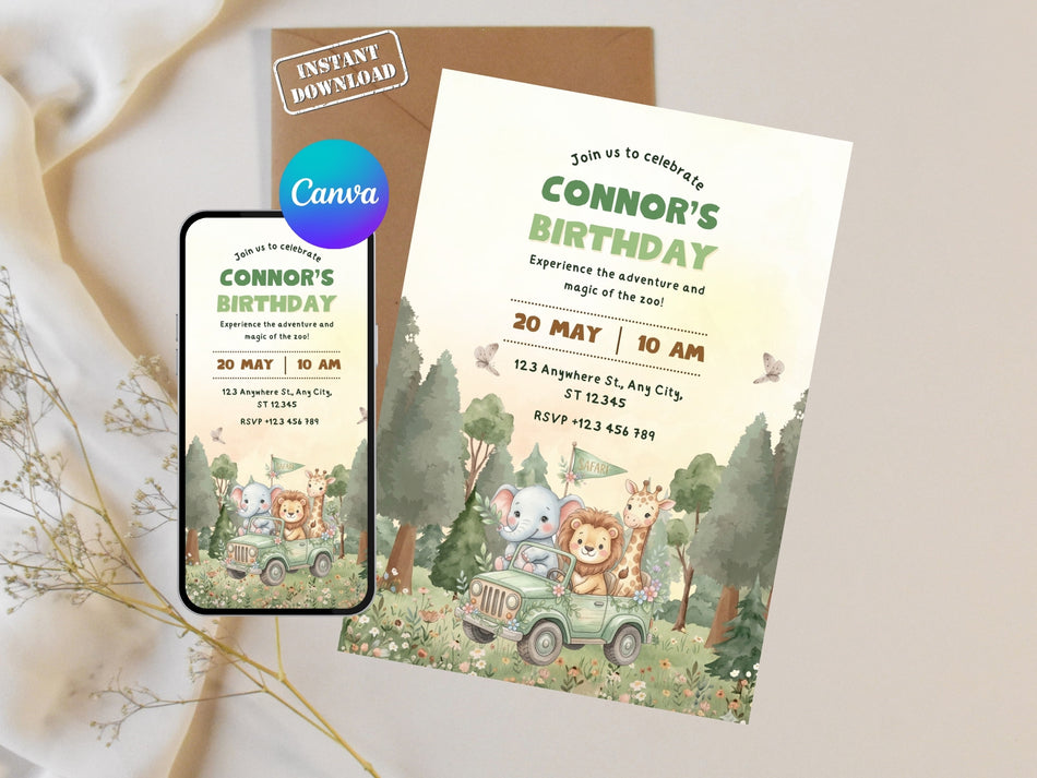 Jungle Safari Birthday Invitation, Zoo Party Invite, Kids Adventure Invitation, Safari Template, Editable Canva Template, Instant Download A 1242