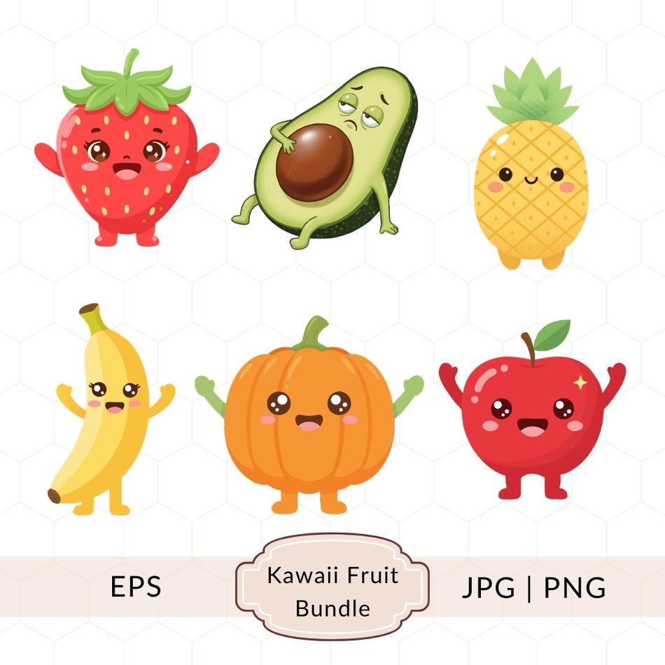 Kawaii Fruit Bundle, 6 Cute Fruit Illustrations, Instant Download, JPG PNG EPS, Perfect for Kids & Craft Projects A 1411