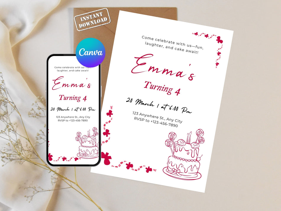 Kids Birthday Invitation Template Canva Editable, Cute Cake Party Invite, Girl Birthday Card, Printable Birthday Invite, Instant Download A 1355