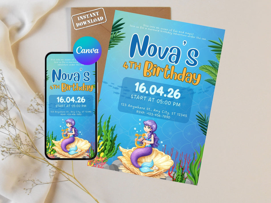 Kids Mermaid Birthday Invitation, Ocean Party Invite, Girl Birthday Party Invite, Mermaid Theme Invitation, Canva Editable, Instant Download A 1266